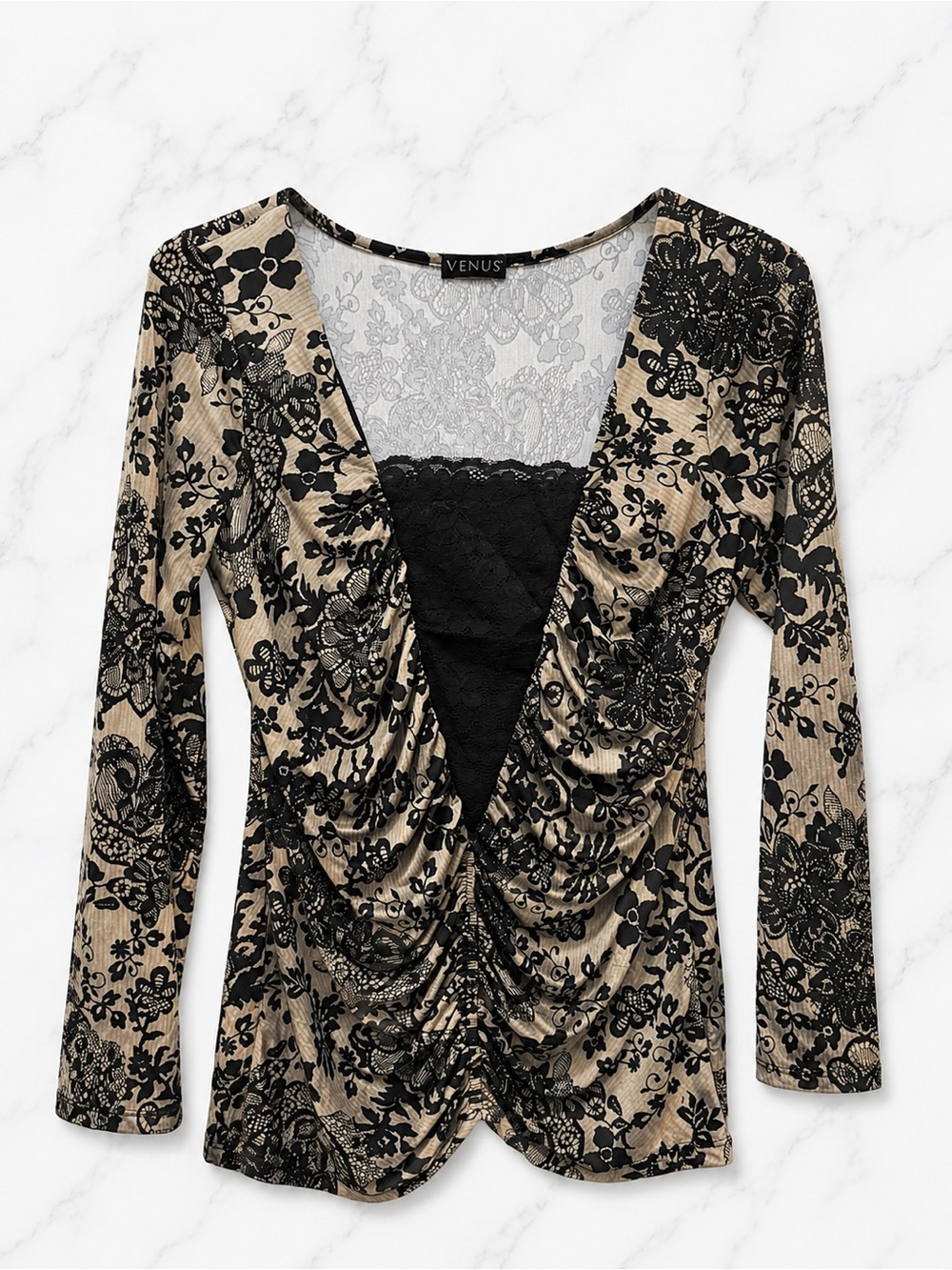 VENUS Lace Print Ruched Long Sleeve Top | Size Small | Beige & Black